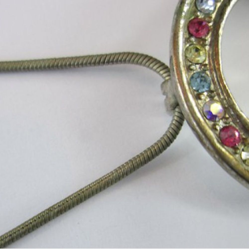 Vintage Chain Necklace With Multicolor Rhinestone Circle Drop Pendant. - Picture 3 of 6